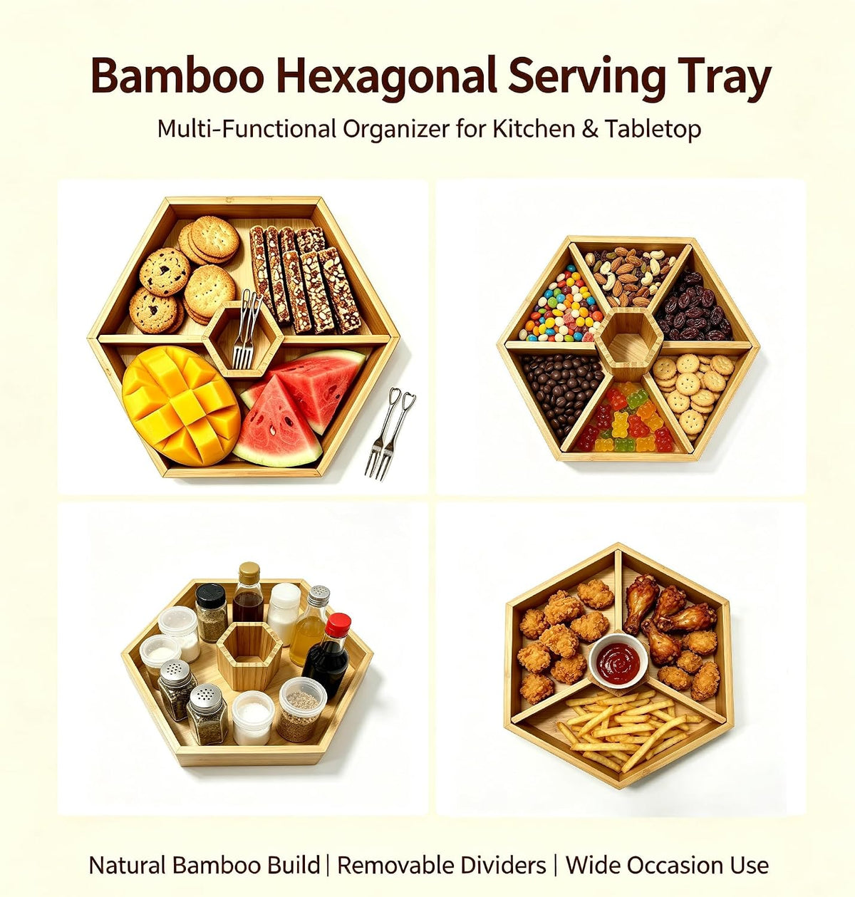 Bamboo Snack Tray, 8 Compartment Serving Tray, Party Platter