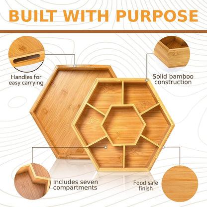 Snack and Serving Tray Set – 13" Divided Bamboo Appetizer Platter for Dry Fruit, Nuts, Cheese and Charcuterie (Bamboo, 13"x11")