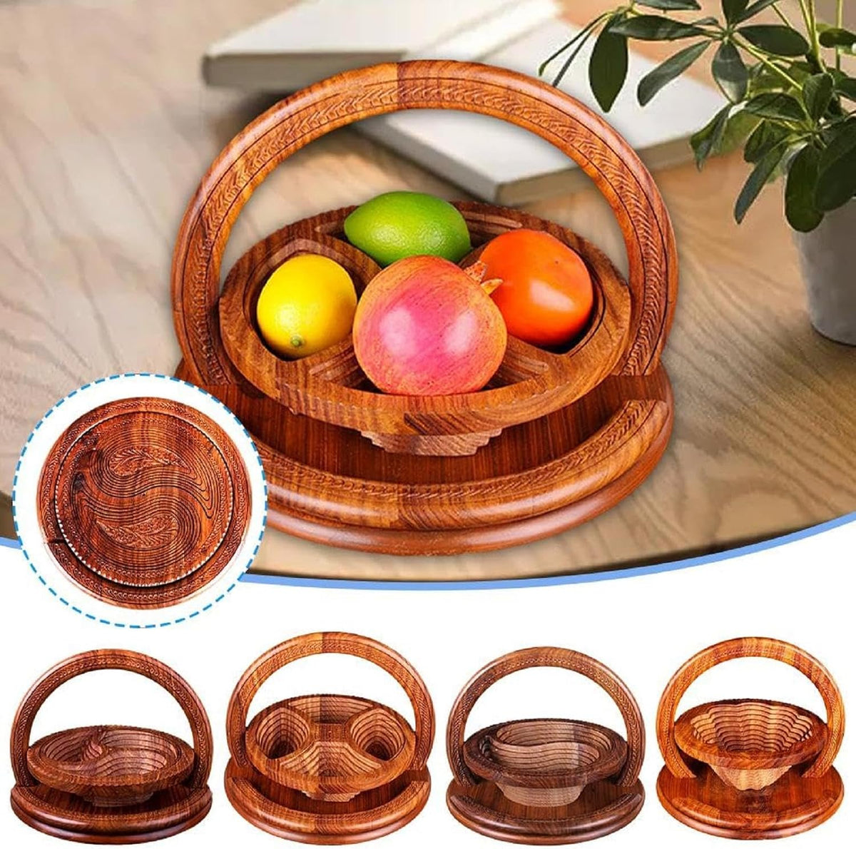 Handmade Wood Carving Fruit Plate, Wooden Folding Fruit Plate, Creative Foldable Dried Fruit Basket Collapsible Bread Nuts Baskets, Gift Basket Fruit Bowl, Triple Grid