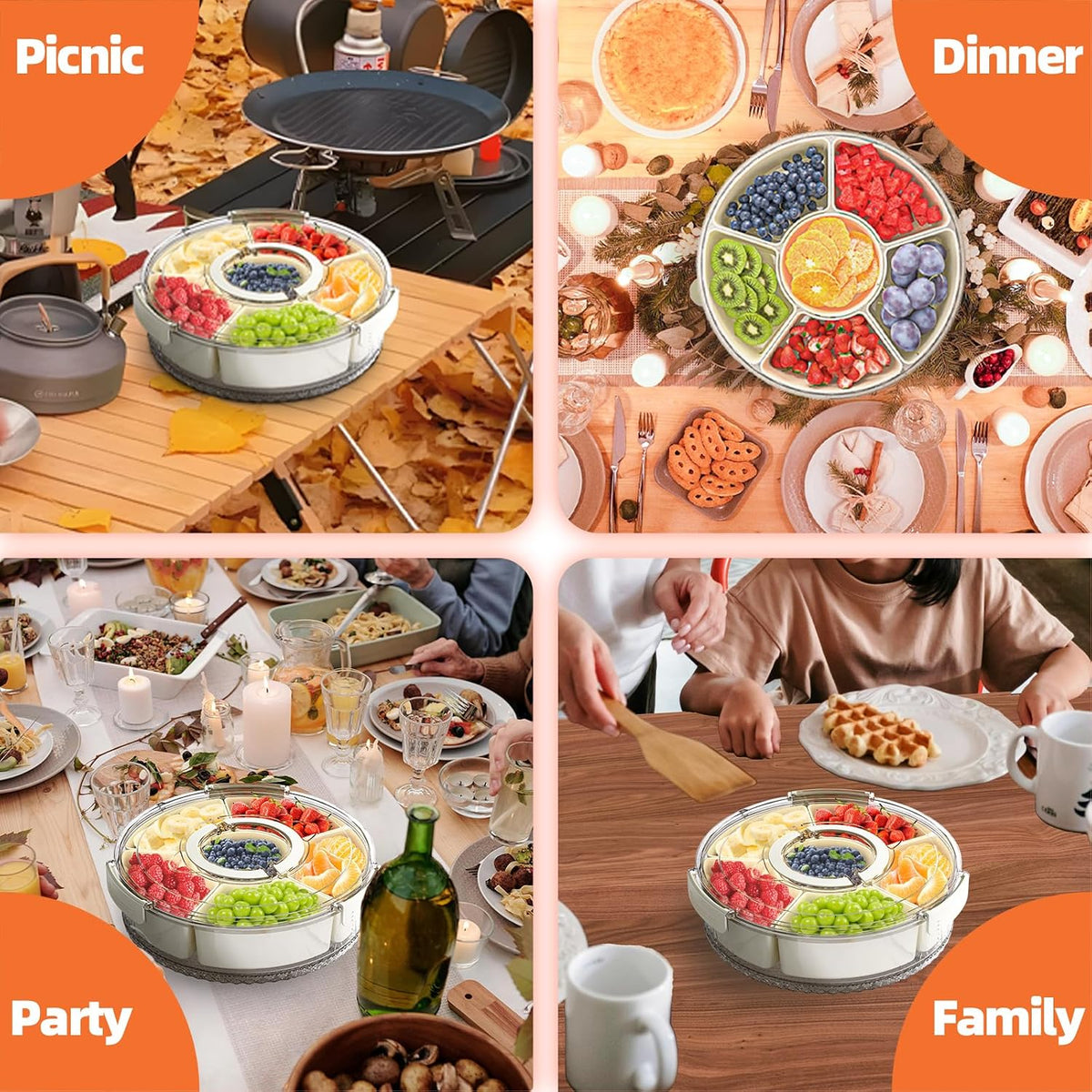 Divided Serving Tray with Lid and Handle, Stackable Snackle Box Container for Fruits Candy Organizer, Portable Spinning Rounded Veggie Tray for Kitchen, Party, Trave and Picnic-2 PACK