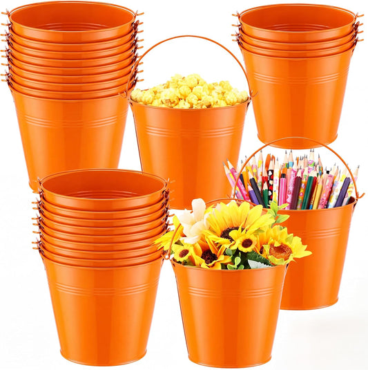 Rtteri 24 Pcs Metal Buckets with Handle, Metal Pail for Plants, Orange