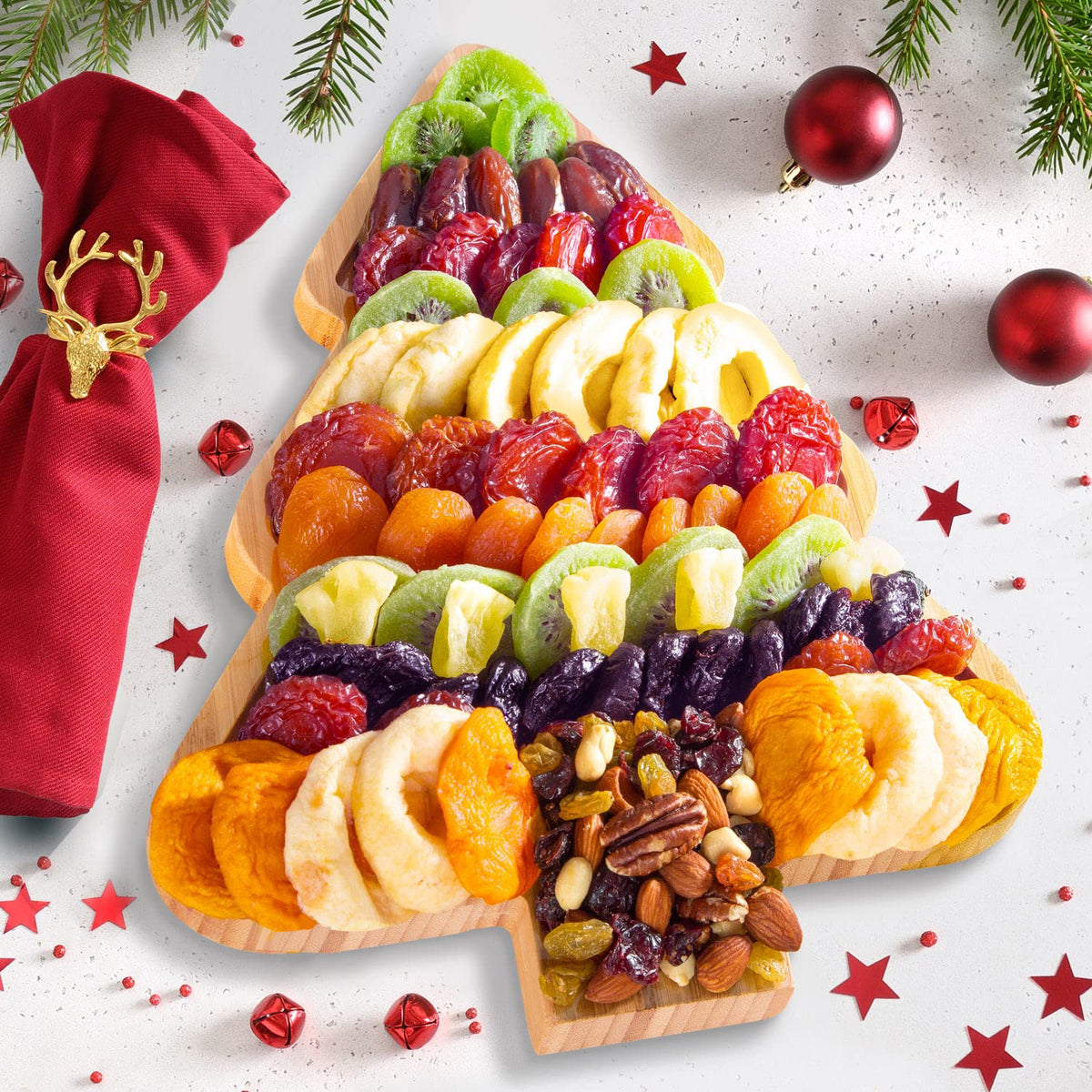 A Gift Inside Dried Fruit and Nuts Gift Basket – Gourmet Dried Apricots, Peaches, Pineapple, Kiwi, Prunes & Plums with Trail Mix – Reusable Christmas Tree Bamboo Serving Tray