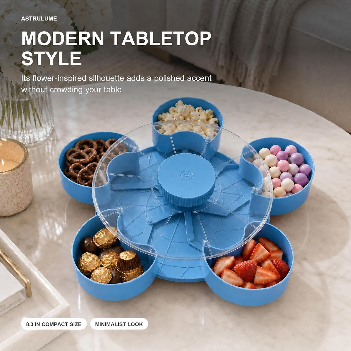 Rotating Divided Snack Tray with Lid,5-Section Platter(Blue)