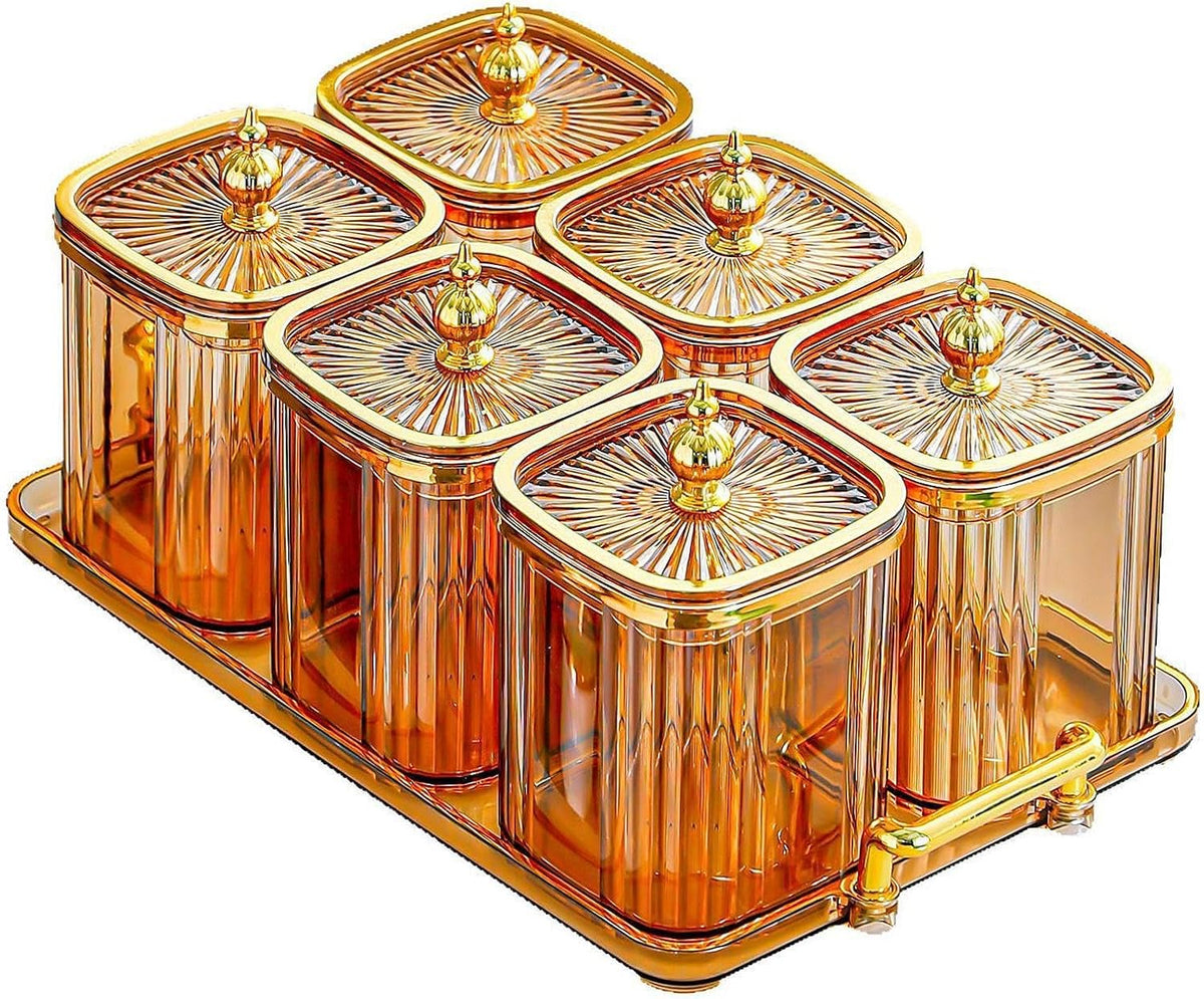 Dry Fruit Jars with Lid Set, Dustproof Multifunctional with Tray Snack Container,Sugar Jars for Dining Room Kitchen, Amber