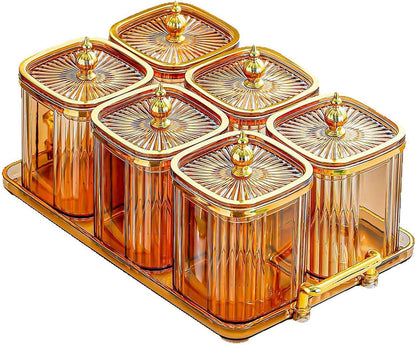 Dry Fruit Jars with Lid Set, Dustproof Multifunctional with Tray Snack Container,Sugar Jars for Dining Room Kitchen, Amber