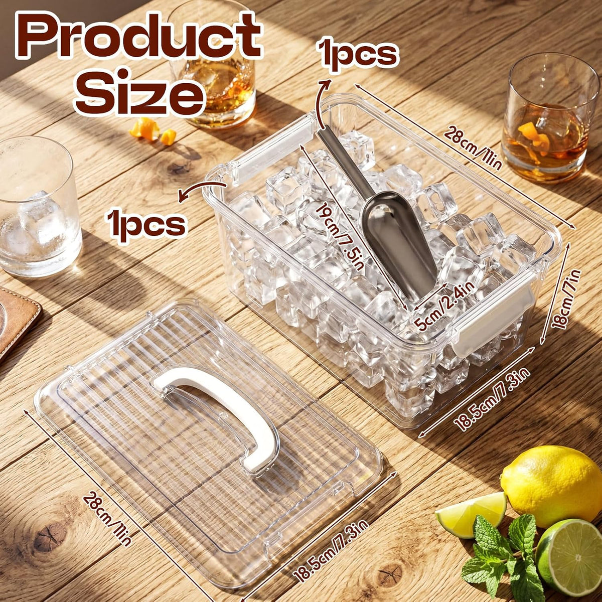 2 Pcs Ice Container for Freezer with Lid, Bin and Metal Scoop