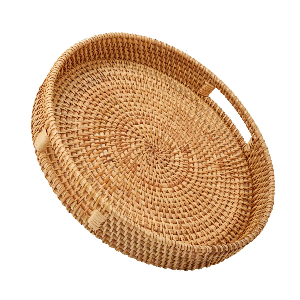 Round Rattan Serving Tray with Handles, Hand Woven Basket, Home Decor Organizer Tray for Breakfast, Tea, Snack, Fruit, Coffee,Storage (Medium)(11.9inchX1.7inch)