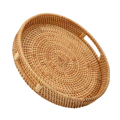 Round Rattan Serving Tray with Handles, Hand Woven Basket, Home Decor Organizer Tray for Breakfast, Tea, Snack, Fruit, Coffee,Storage (Medium)(11.9inchX1.7inch)