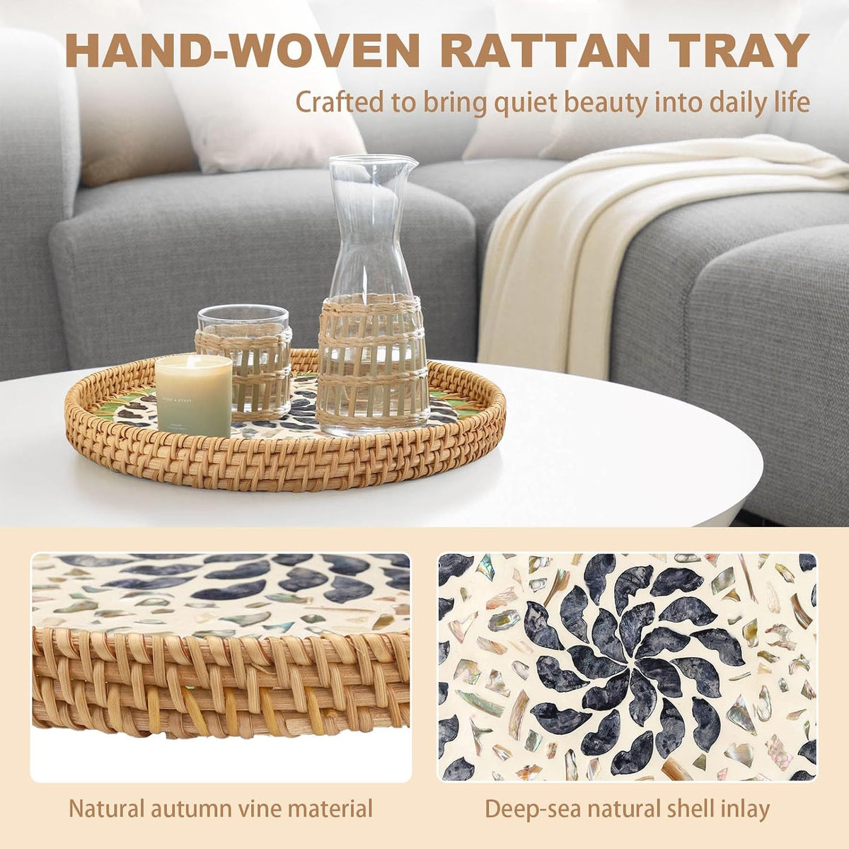 11.8" Decorative Round Rattan Tray with Mother of Pearl, Hand-Woven Wicker Serving Tray, Boho Rattan Basket Platter for Fruit Bread Coffee Counter Dessert Kitchen