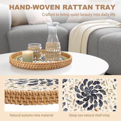 11.8" Decorative Round Rattan Tray with Mother of Pearl, Hand-Woven Wicker Serving Tray, Boho Rattan Basket Platter for Fruit Bread Coffee Counter Dessert Kitchen
