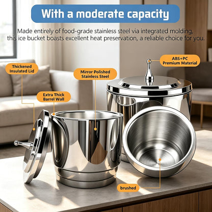 2L Double Wall 304 Stainless Steel Ice Bucket, Insulated Keep Ice Cold 8-10H For Wine Champagne