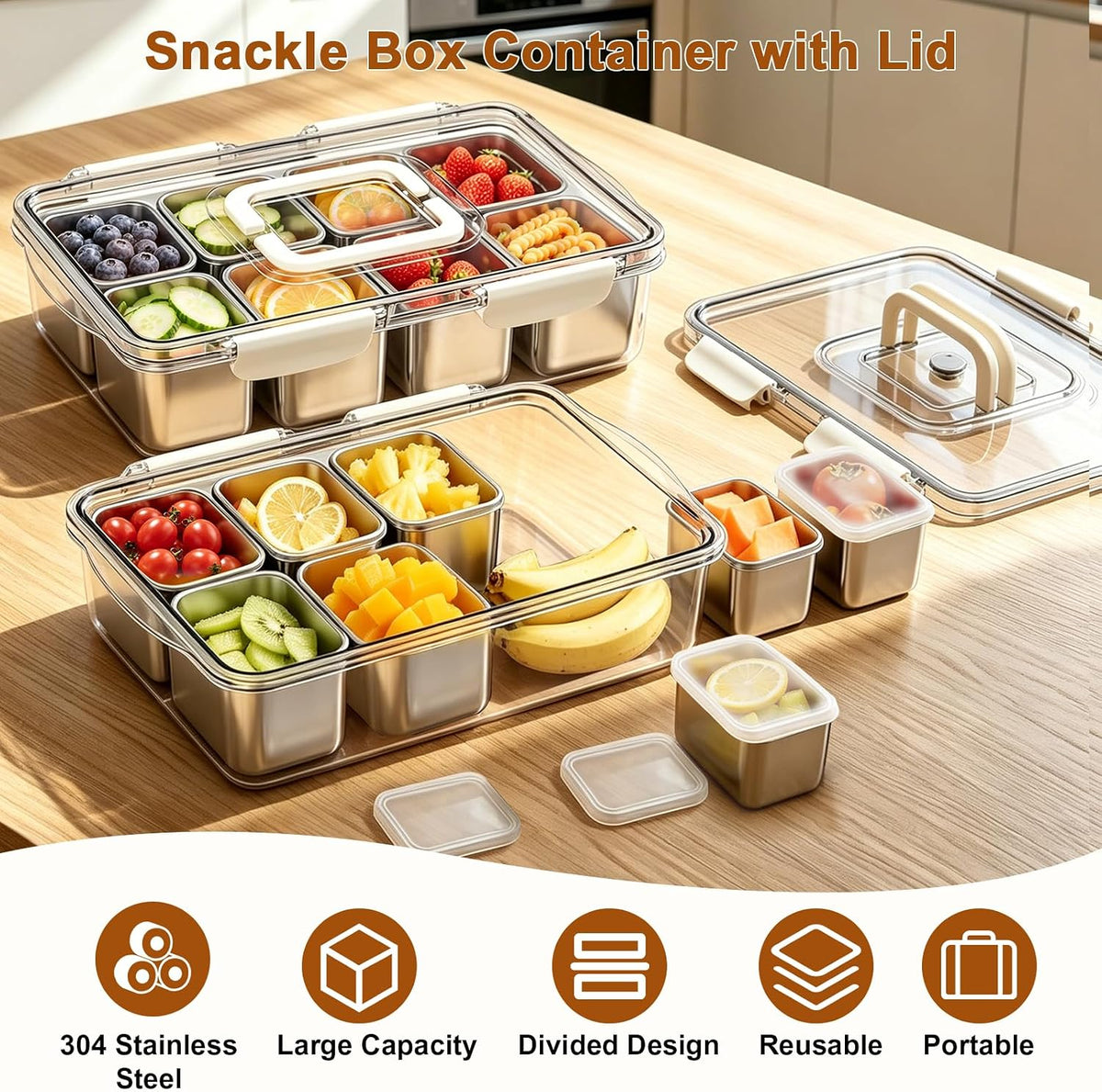 Stainless Steel Snackle Box Container, Dishwasher Safe Snack Box with 8 Removable Compartments, 142oz Large Capacity Divided Serving Tray with Lid and Locking Clips for Fruit Snacks Nut Picnic Travel