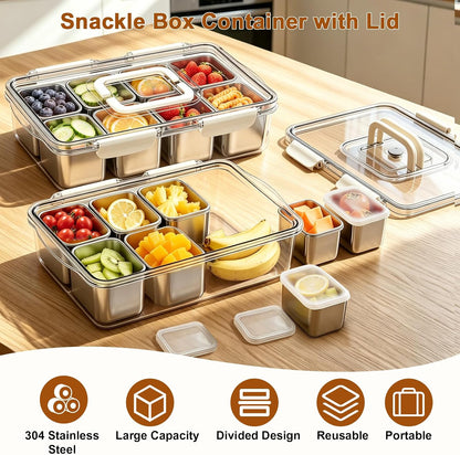 Stainless Steel Snackle Box Container, Dishwasher Safe Snack Box with 8 Removable Compartments, 142oz Large Capacity Divided Serving Tray with Lid and Locking Clips for Fruit Snacks Nut Picnic Travel