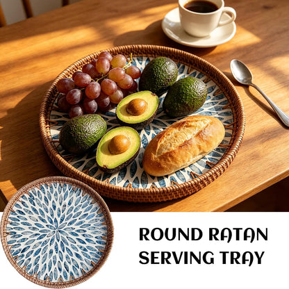 Mother of Pearl Tray Round Rattan Tray with Mother of Pearl Inlay Rattan Serving Tray with Wooden Base, Decorative Wicker Basket for Table Decor Bread Fruits Coffee, Leaf (Blue)