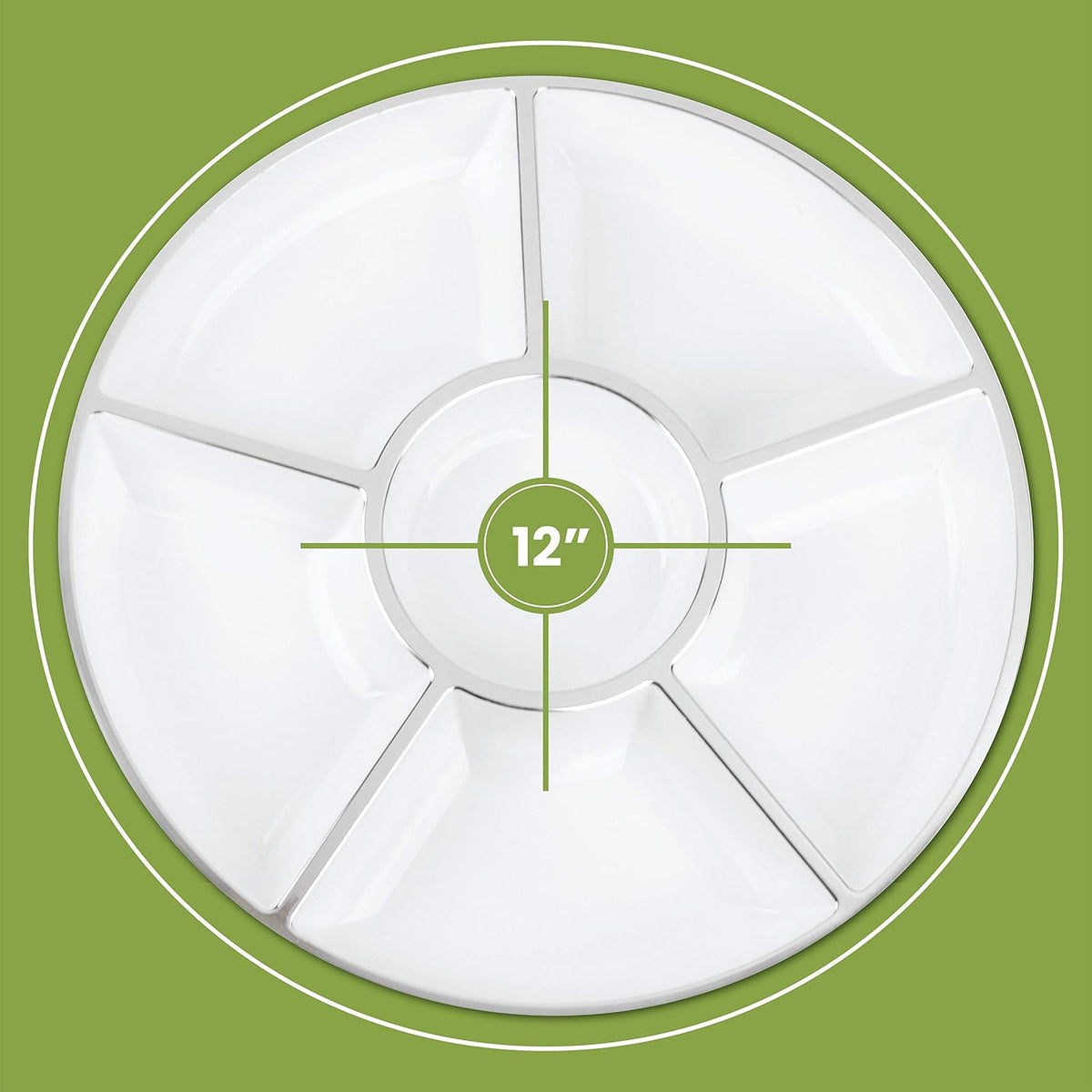 6 Sectional Round Plastic Serving Tray/Platters White W Silver Rim Pack of 2