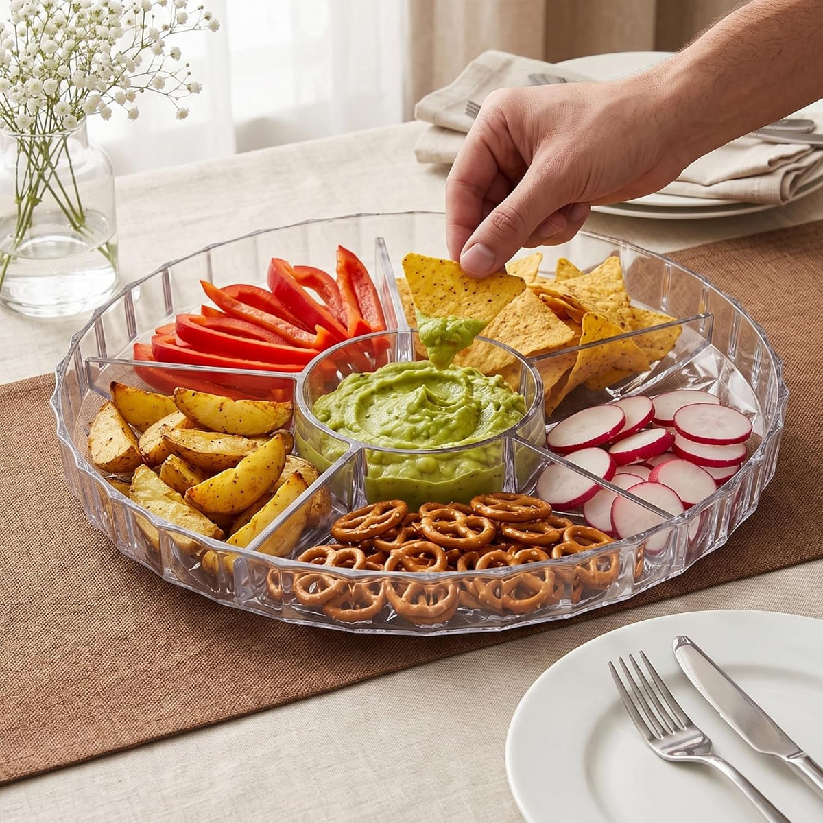 ZOOFOX Snack Serving Tray, 12" Appetizer Tray with Lid, 6 Compartments Round Plastic Food Storage Organizer for Dried Fruits, Nuts, Candies, Sweet Cookies and Fruits (Clear)
