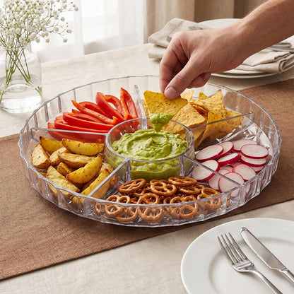 ZOOFOX Snack Serving Tray, 12" Appetizer Tray with Lid, 6 Compartments Round Plastic Food Storage Organizer for Dried Fruits, Nuts, Candies, Sweet Cookies and Fruits (Clear)