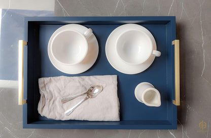 Decorative Coffee Table Tray - Ottoman Tray - Breakfast, Drinks, Liquor Serving Platter - from Farmhouse to Modern - Matte Finish - Champagne Gold Handles - Twilight-Blue