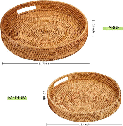 Round Rattan Serving Tray with Handles, Hand Woven Basket, Home Decor Organizer Tray for Breakfast, Tea, Snack, Fruit, Coffee,Storage (Medium)(11.9inchX1.7inch)