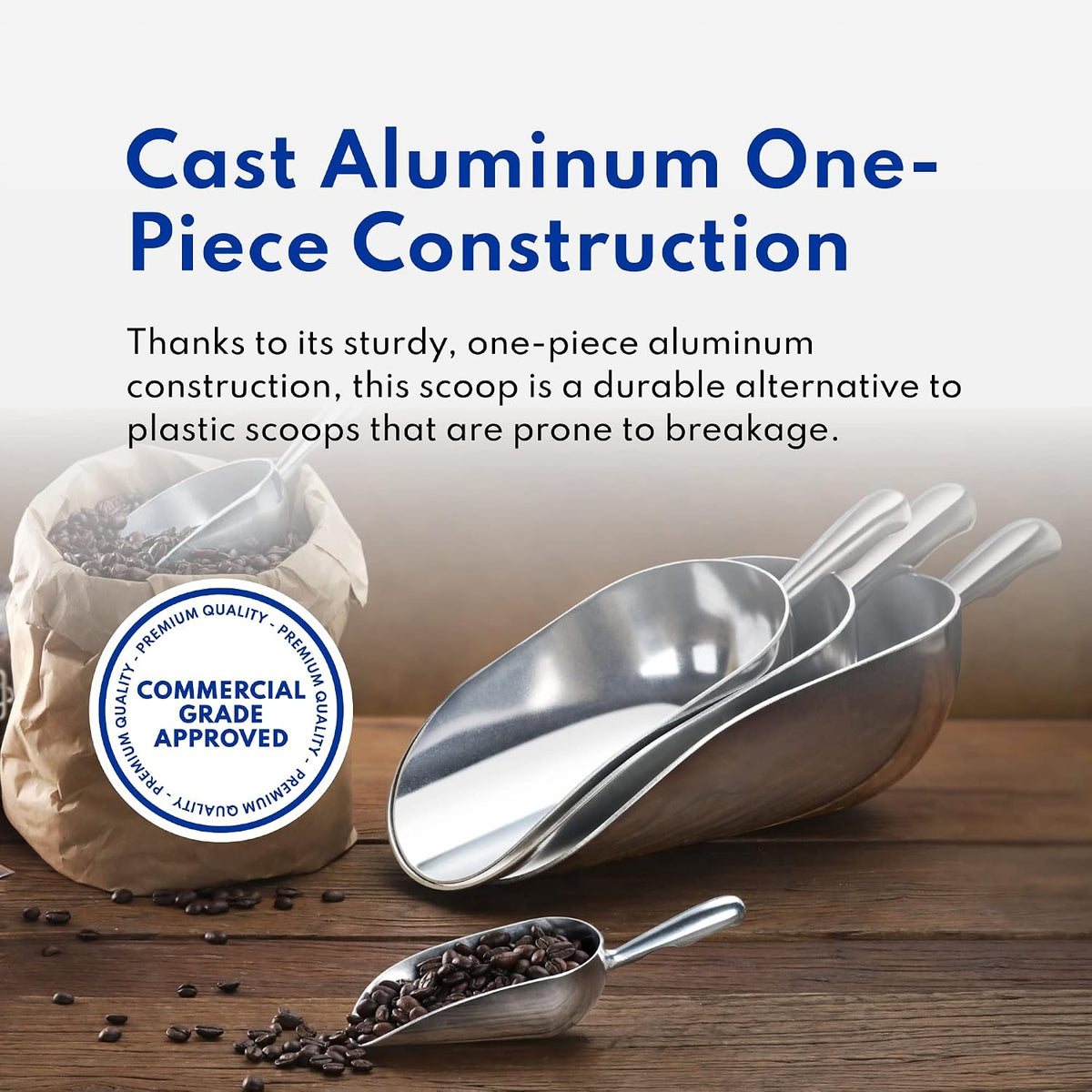 New Star Foodservice 34523 One-Piece Cast Aluminum Round Bottom Bar Ice Flour Utility Scoop, 12-Ounce, Silver