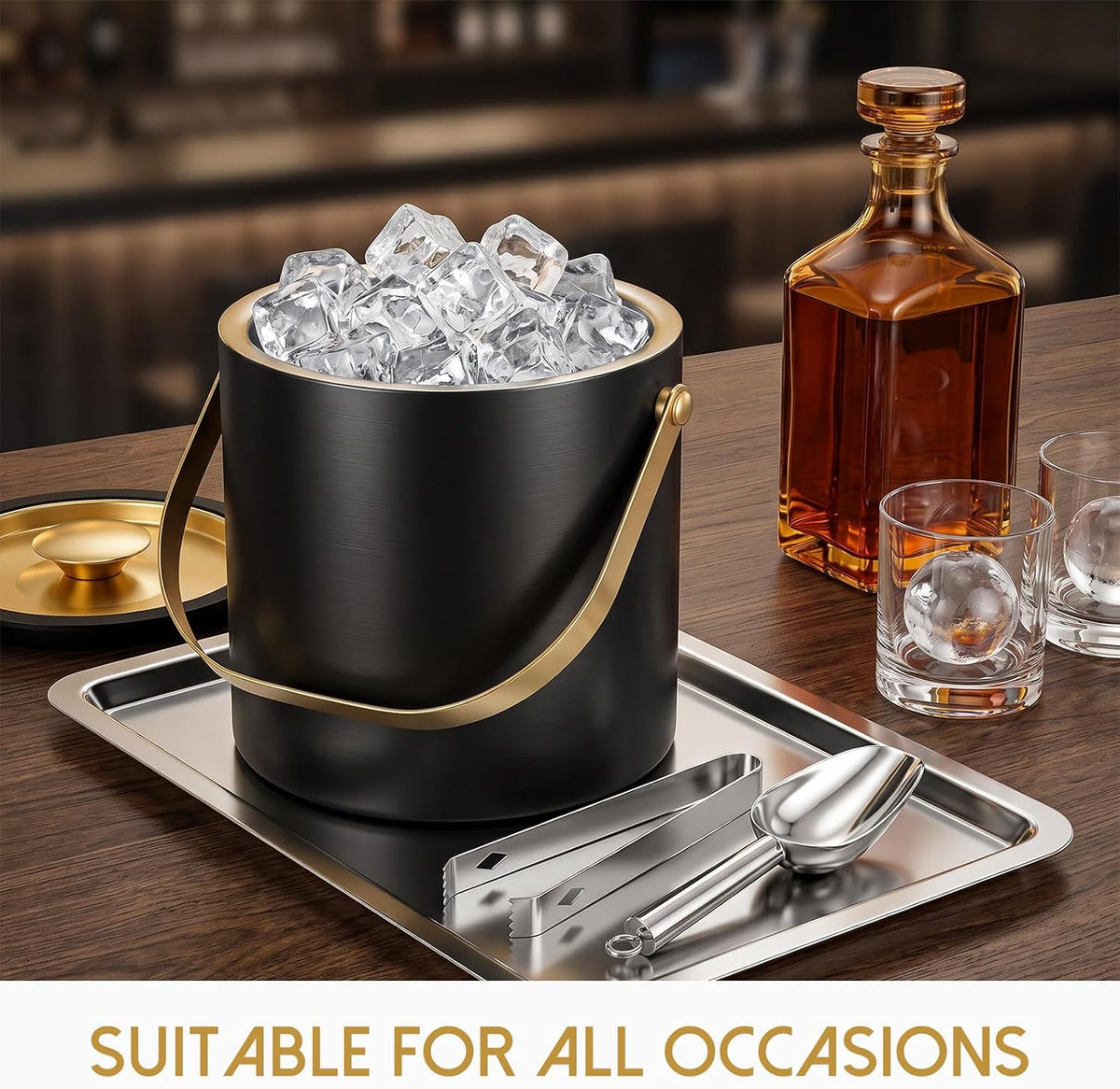 3L Modern Insulated Ice Bucket with Silicone Lid, Scoop, Strainer Double Wall Insulated Stainless Steel Ice-Bucket Metal-Ice Bucket for Parties Cocktail Bar, Outdoor Champagne Ice Container Bin(Black）