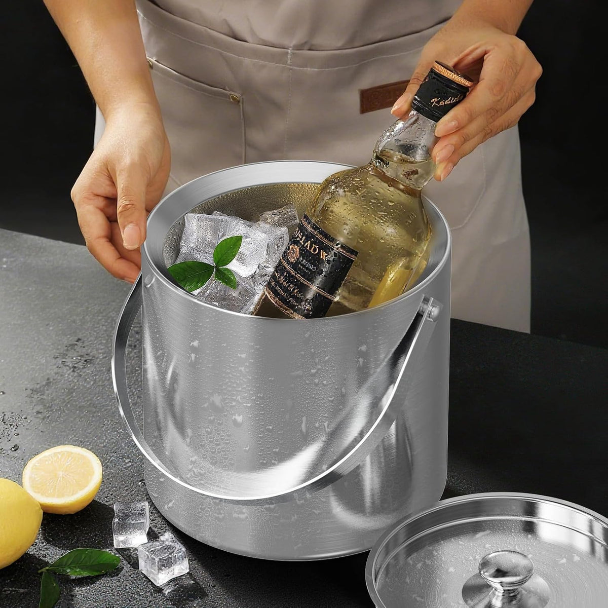 Ice Bucket, Ice Bucket with Lid Ice Tong Ice Scoop and Strainer for Cocktail Parties 3L Stainless Steel Insulated Ice Bucket Double Wall Keeps Ice Cold&Dry for Home Bar Beer Champagne