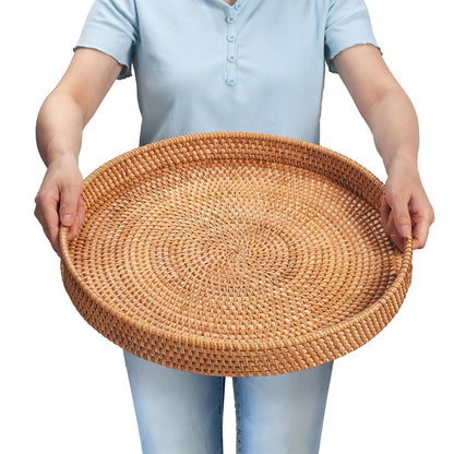 YANGQIHOME Rattan Round Serving Tray, Decorative Coffee Table Tray, Hand Woven Serving Basket with Handles, Ottoman Wicker Fruit/Bread Serving Basket, 13.8 inch