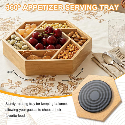 Bamboo Snack Serving Tray with Lid, 360° Rotating Dry Fruit Tray