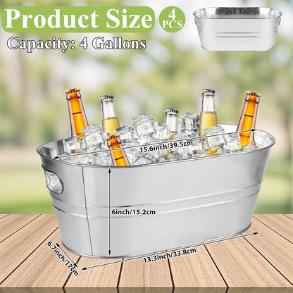 4 PCS 3.4 Gallon Galvanized Ice Buckets for Parties with Carry Handles 3.4 Gallon Galvanized Tub Drink Buckets for Parties Beverage Tub for Parties,Mimosa Bar,Champagne