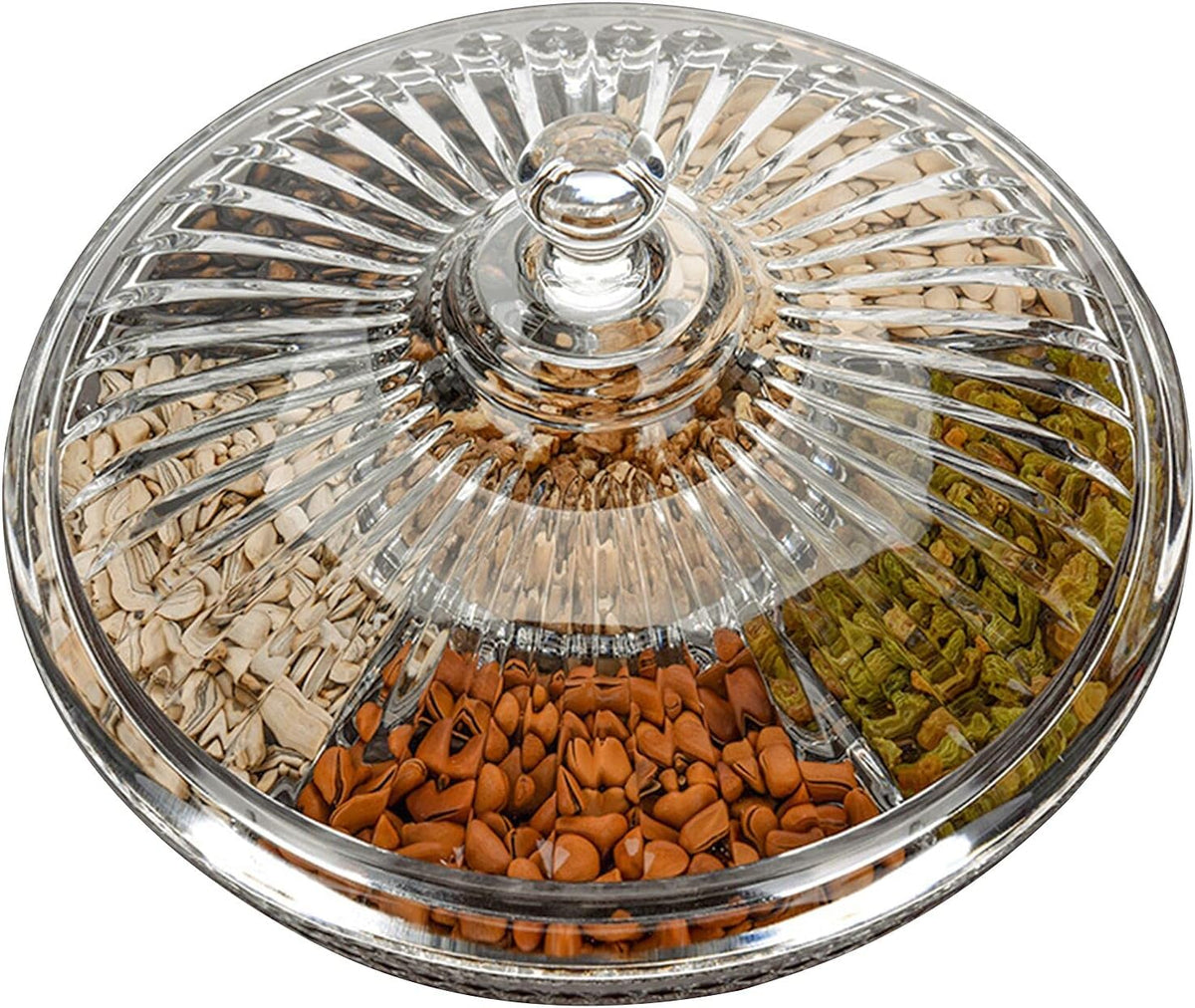 Creative Acrylic Multifunctional Party Snack Tray with Lid,Serving Dishes for Dried Fruits Nuts Candies Fruits,6-Compartment (Round)