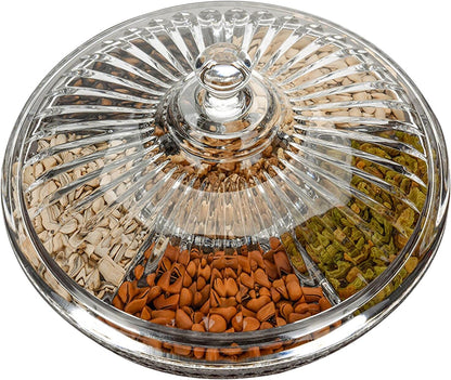 Creative Acrylic Multifunctional Party Snack Tray with Lid,Serving Dishes for Dried Fruits Nuts Candies Fruits,6-Compartment (Round)