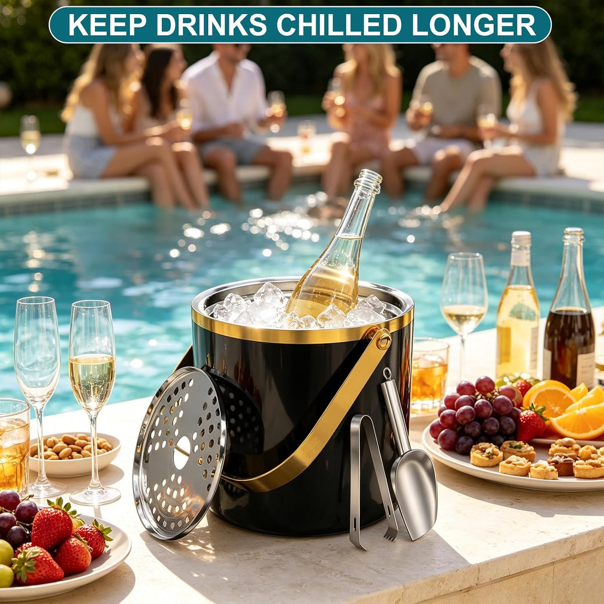 3.2L Double Wall Ice Bucket with Lid, Premium Stainless Steel Insulated Ice Bucket Includes Scoop, Tongs & Strainer, Keeps Ice Cold Longer for Parties, Home Bar, Chilling Beer & Wine, Black and Gold