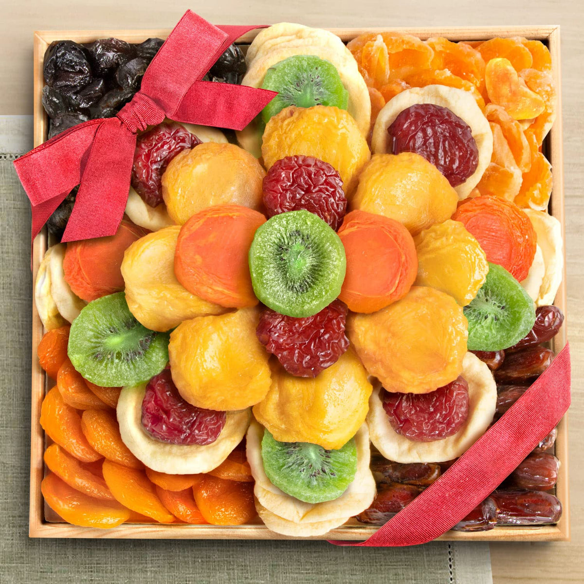 A Gift Inside Dried Fruit Gift Basket in Wooden Serving Tray – Gourmet Dried Apples, Apricots, Kiwi, Pears, Peaches, Dates, Prunes, Plums & Mandarin – Kosher Pareve OU Certified