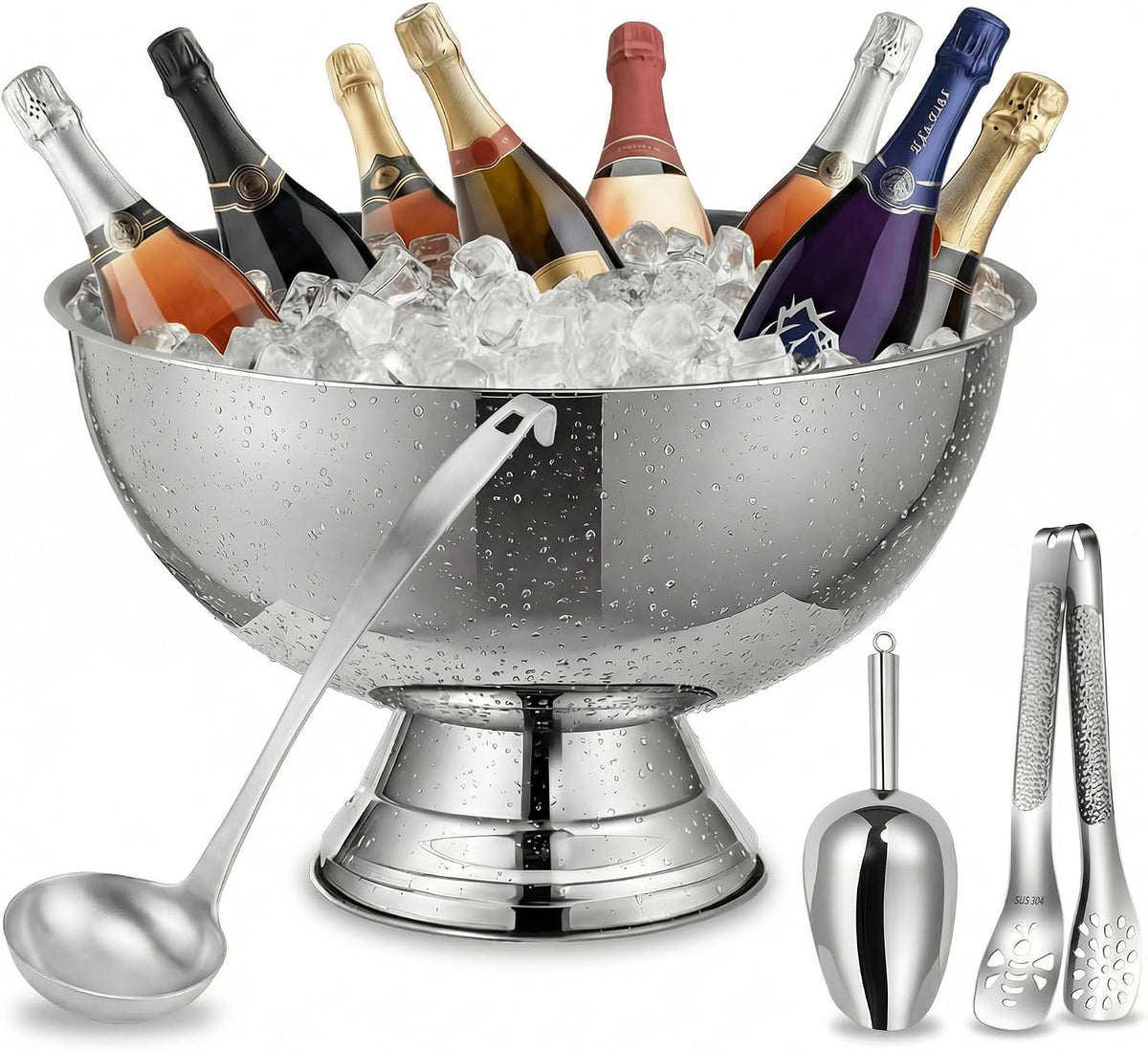 Large Ice Bucket for Parties & Punch Bowl Set, 12L, Silver
