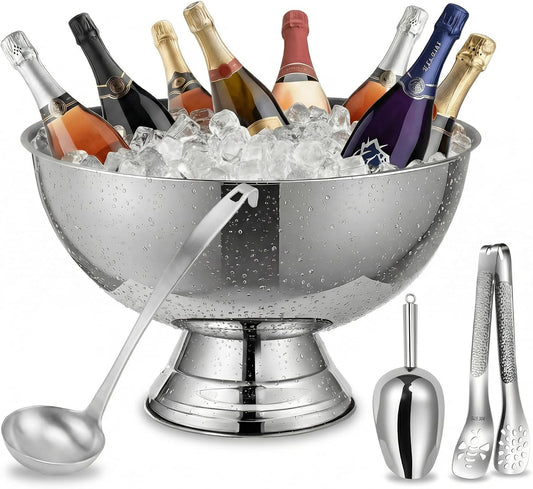 Large Ice Bucket for Parties & Punch Bowl Set, 12L, Silver