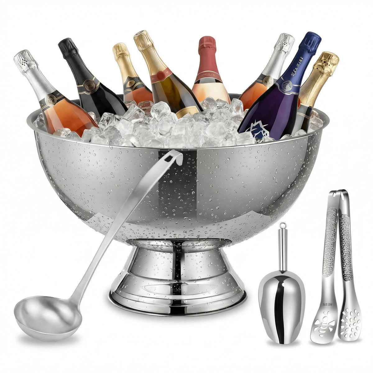 Large Ice Bucket for Parties & Punch Bowl Set, 12L, Silver