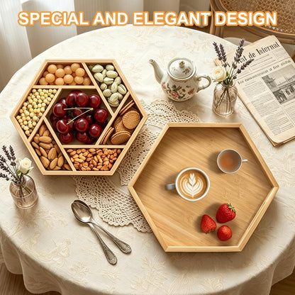 Bamboo Snack Serving Tray with Lid, 360° Rotating Dry Fruit Tray