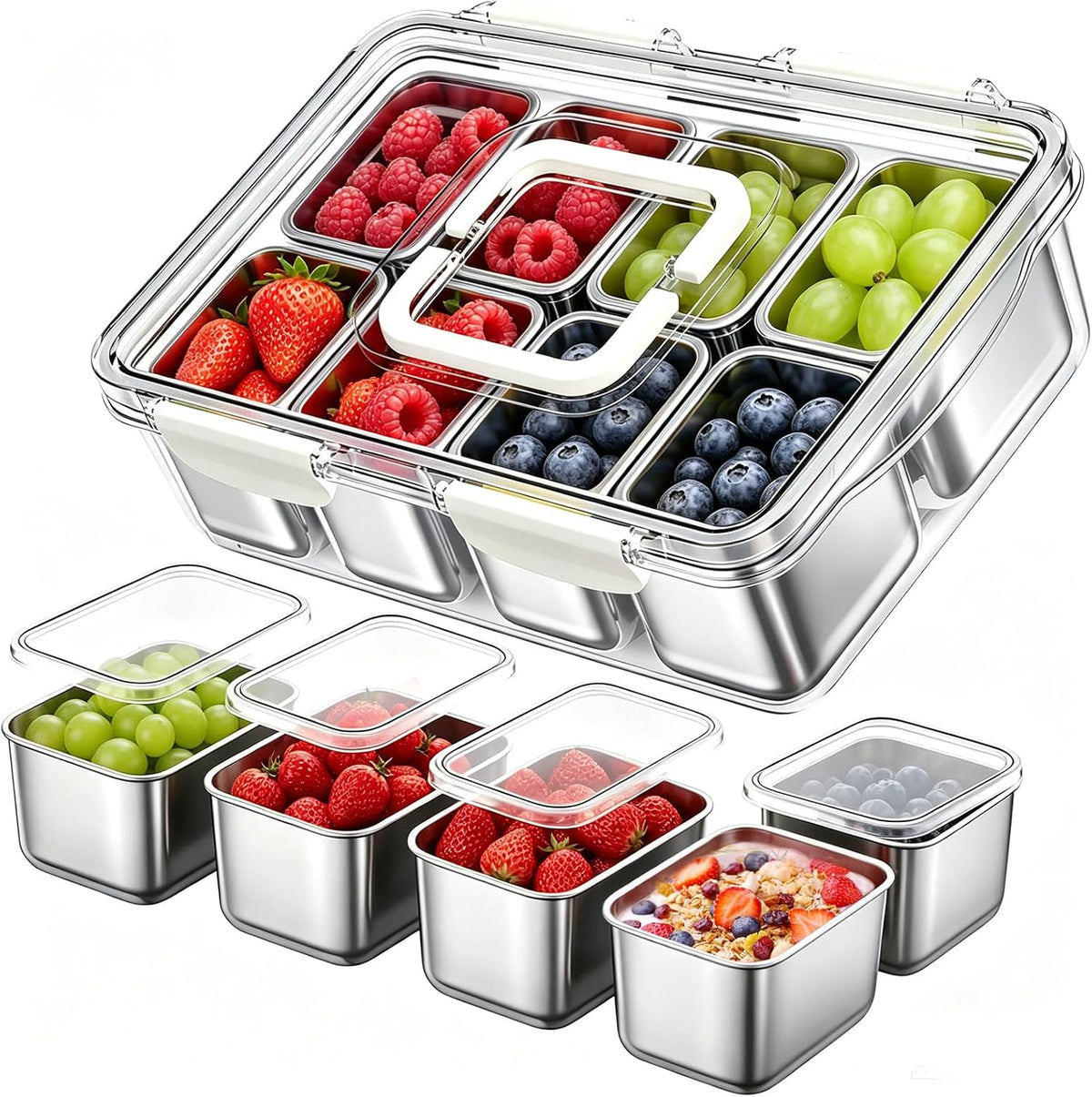 Stainless Steel Snackle Box Container, Dishwasher Safe Snack Box with 8 Removable Compartments, 142oz Large Capacity Divided Serving Tray with Lid and Locking Clips for Fruit Snacks Nut Picnic Travel