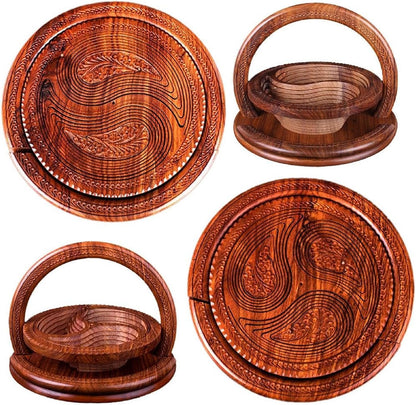 Handmade Wood Carving Fruit Plate, Wooden Folding Fruit Plate, Creative Foldable Dried Fruit Basket Collapsible Bread Nuts Baskets, Gift Basket Fruit Bowl, Triple Grid