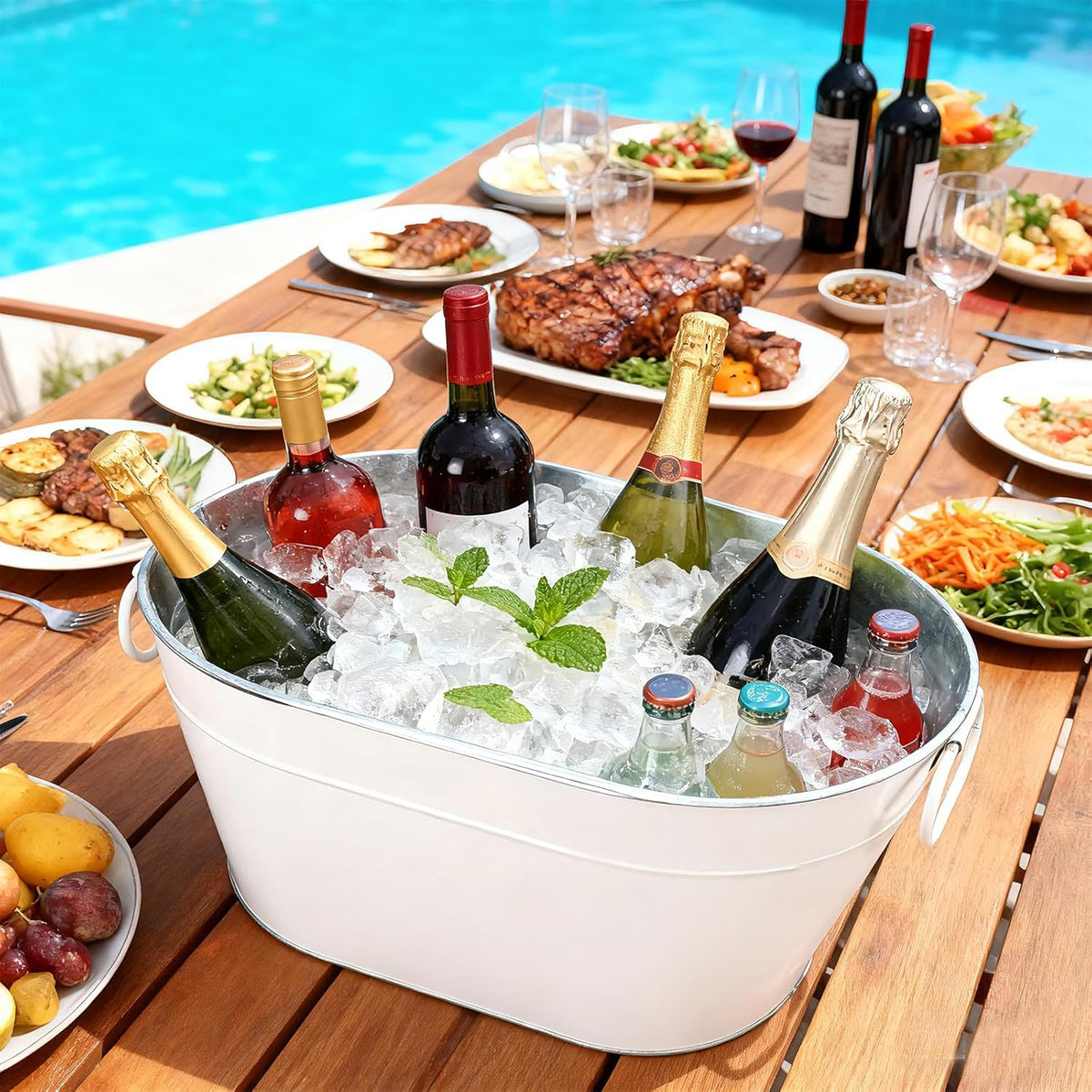 Galvanized Tub Ice Bucket for Party, Thick Metal Galvanized Drink Buckets, Beverage Tub with Handles, Drink Bucket for Indoor & Outdoor Parties (2PCS White)
