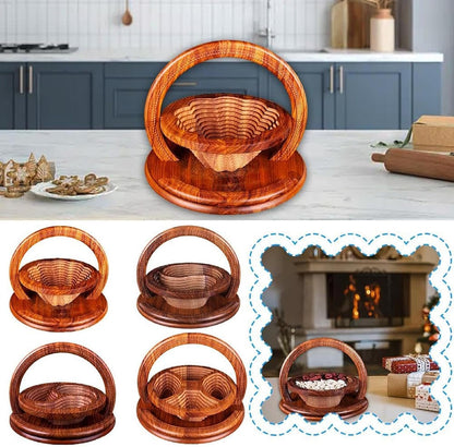 Handmade Wood Carving Fruit Plate, Wooden Folding Fruit Plate, Creative Foldable Dried Fruit Basket Collapsible Bread Nuts Baskets, Gift Basket Fruit Bowl, Triple Grid