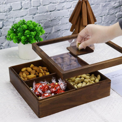 Koqye 4-Compartment Snack Tray with Lid - North American Walnut Serving Platter for Dry Fruits/Nuts/Candy, Multi-Purpose Party Food Storage Container