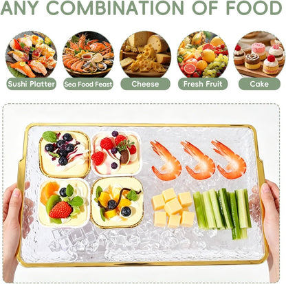 2 Set 16" x 9" Plastic Chilled Serving Tray for Parties, Serving Platter with Compartments Ice Chilled Party Platter Charcuterie Serving Board Cold Dish Dip for Fruit Seafood Vegetable