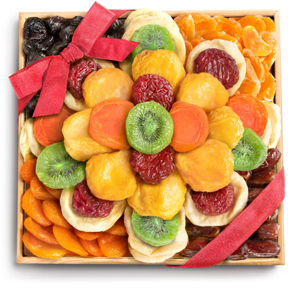 A Gift Inside Dried Fruit Gift Basket in Wooden Serving Tray – Gourmet Dried Apples, Apricots, Kiwi, Pears, Peaches, Dates, Prunes, Plums & Mandarin – Kosher Pareve OU Certified