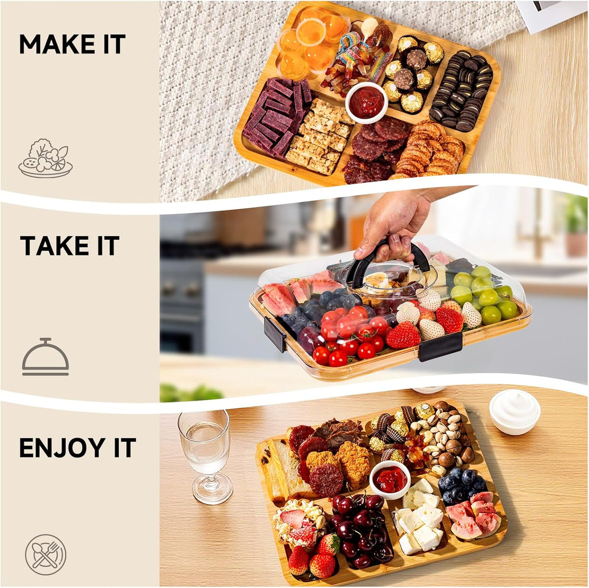 Portable Charcuterie Board with Lid, Cheese, Veggie & Snack Tray