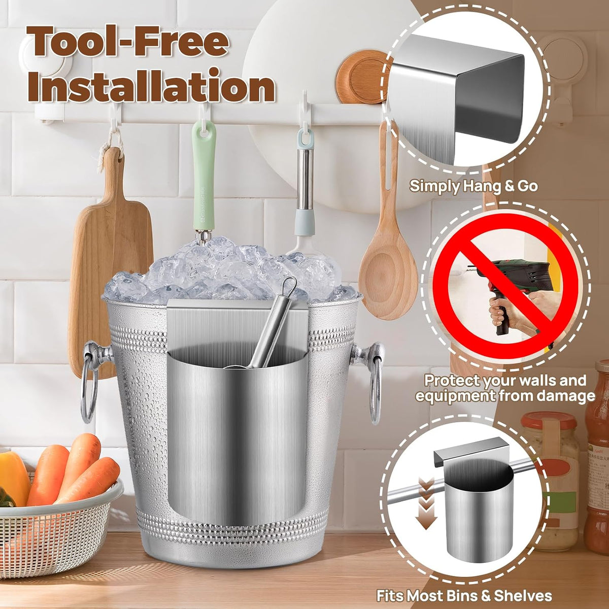 PRETYZOOM Ice Scoop Holder Hanging Organizer, Heavy Duty Metal Storage Box for Fridge Shelf, Ice Maker, Freezer, Supermarket, Home Use