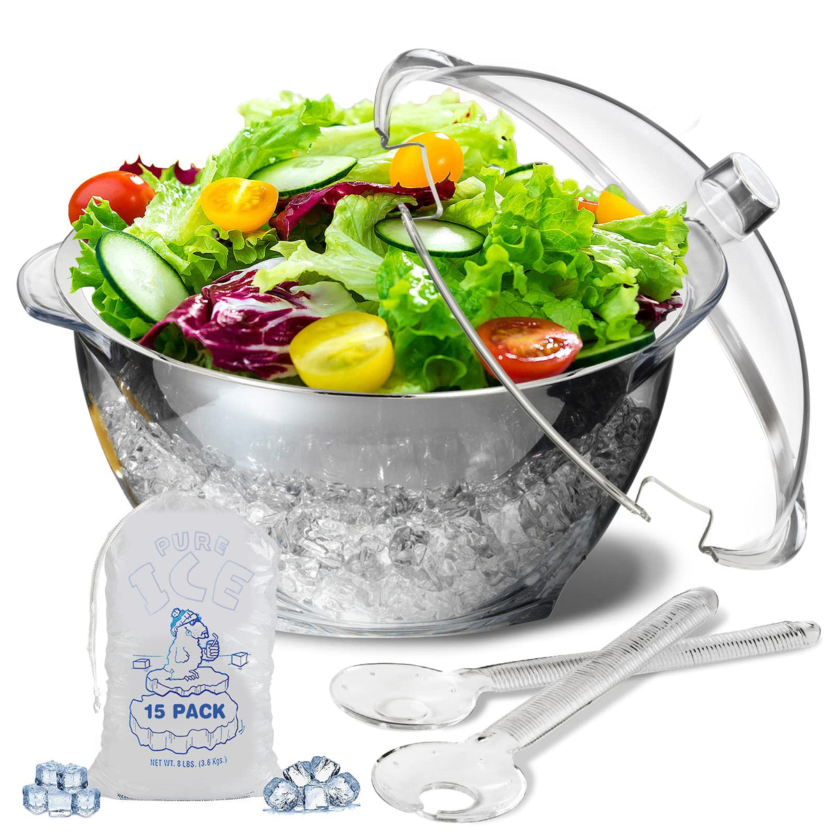LIMOEASY Chilled Veggie Tray, 15 Inch Clear Party Platter with 4 Compartments, Ice Serving Bowl with Lid, Cold Food Buffet Server for Fruit, Vegetable, Appetizer, Shrimp