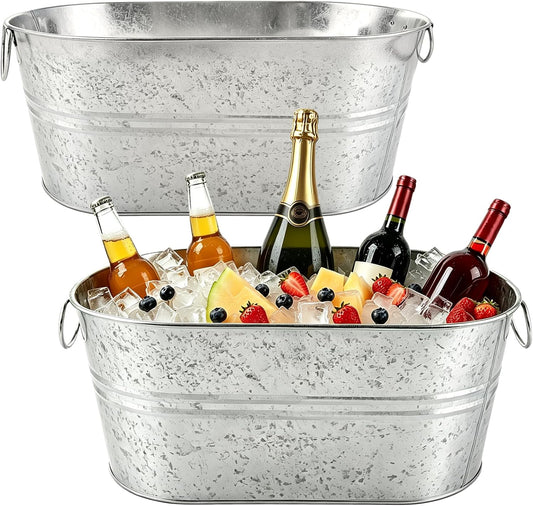 OBTANIM 2 Pack 4 Gallon Galvanized Ice Buckets Metal Champagne Drink Cooler Ice Beverage Tub with Carry Handles for Beer Cocktails Wine Home Parties Bar Cooling Supplies (Silvery)