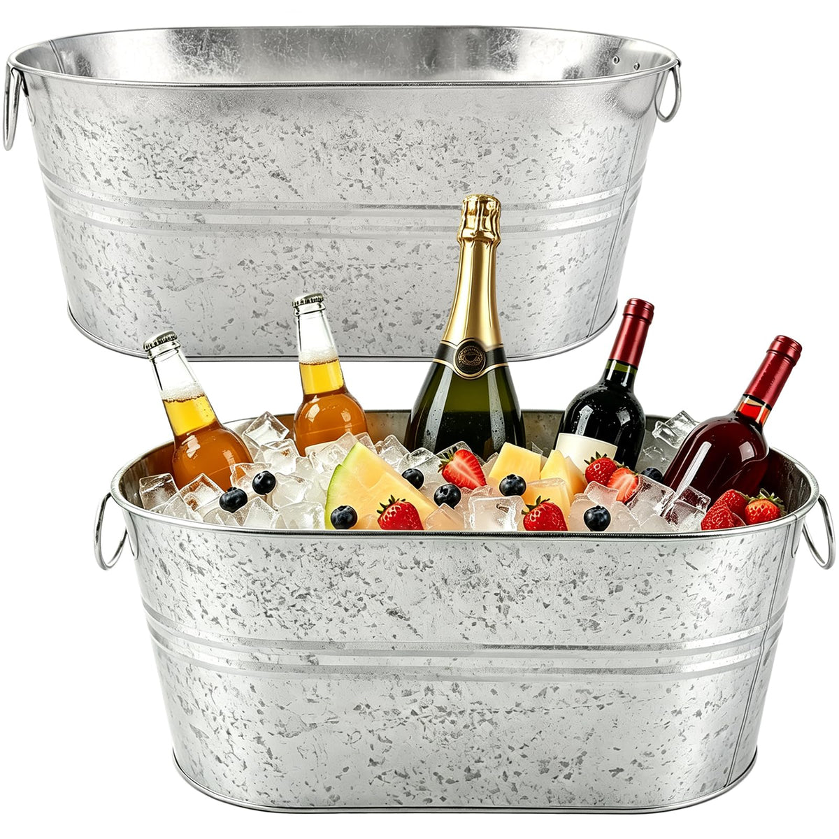 OBTANIM 2 Pack 4 Gallon Galvanized Ice Buckets Metal Champagne Drink Cooler Ice Beverage Tub with Carry Handles for Beer Cocktails Wine Home Parties Bar Cooling Supplies (Silvery)