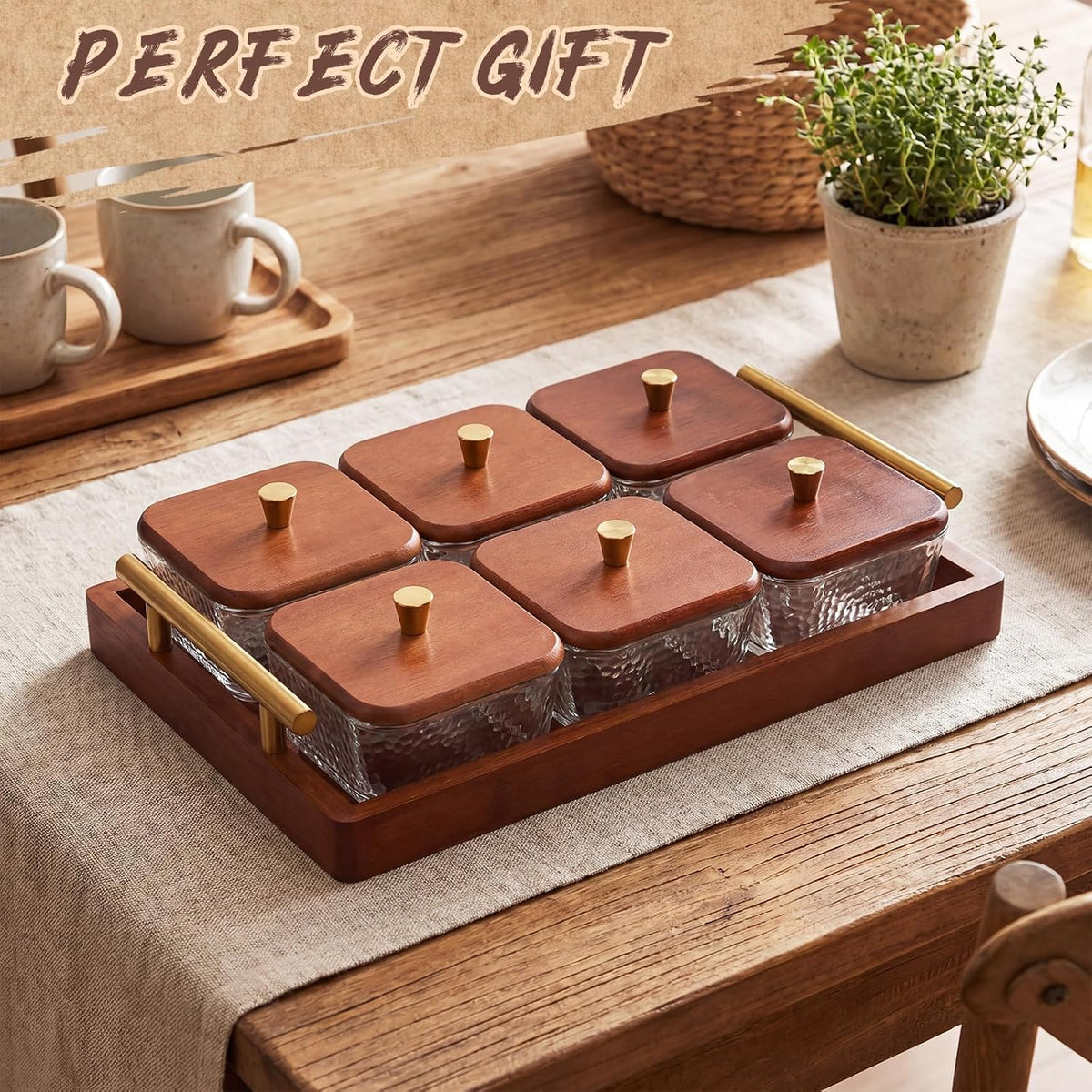 Domensi 6 Glass Snackle Box with Wood Tray and Lids Dry Fruit Container Jars Divided Serving Snack Tray with Gold Handles, Snackle Box Container Platter for Candy, Condiments Home Entertaining